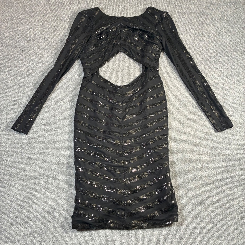 House of CB Sequin Mini Dress Womens XS Black Cutout Open Back Long Sleeve - Picture 10 of 15